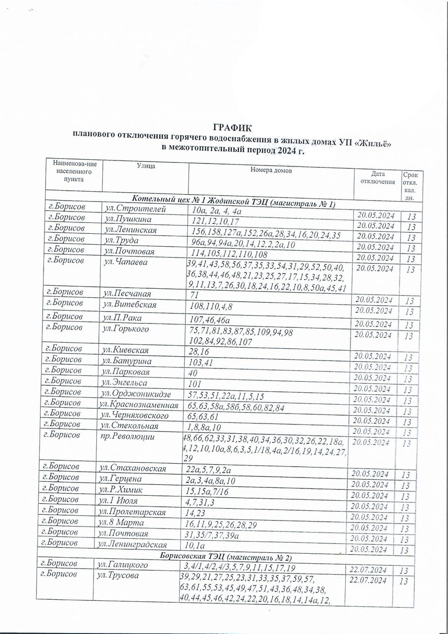 Изменения в графике планового отключения горячего водоснабжения в жилых  домах УП 